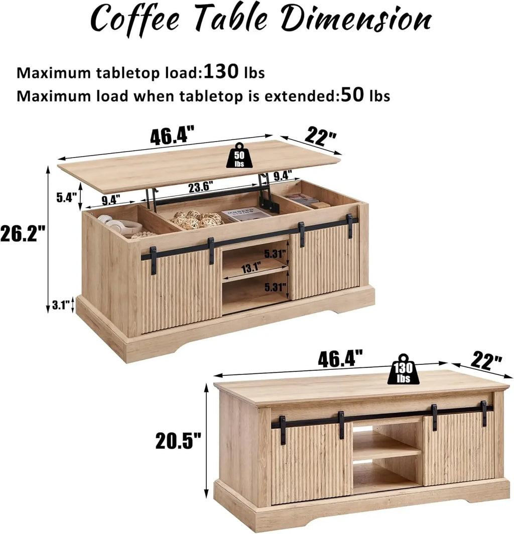 46" Fluted Lift Top Coffee Table with Sliding Door, Modern Center Table w/Adjustable Storage Shelf & Hidden Compartment