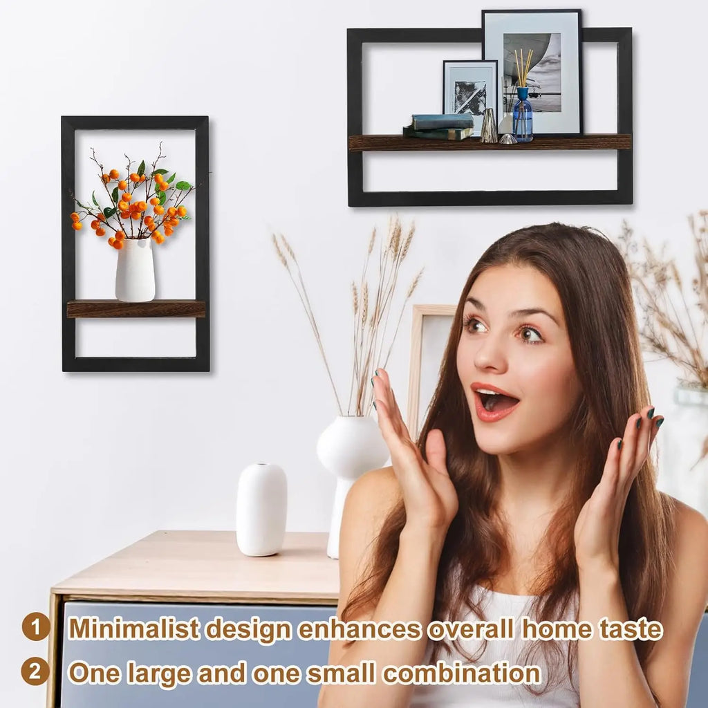 2Pcs Solid Wood Floating Shelves Set/ Wall Mounted Square Frame/ Hanging Shelf/ Modern Home Decor/ Organizer Rack for Living Room/ Bedroom Bathroom Plant Display /Aesthetic Room Accessories Wall Art Storage