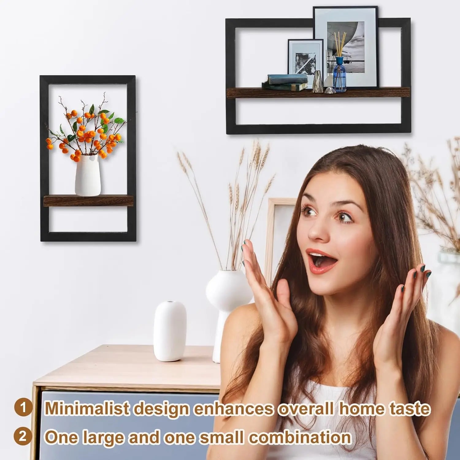 2Pcs Solid Wood Floating Shelves Set/ Wall Mounted Square Frame/ Hanging Shelf/ Modern Home Decor/ Organizer Rack for Living Room/ Bedroom Bathroom Plant Display /Aesthetic Room Accessories Wall Art Storage