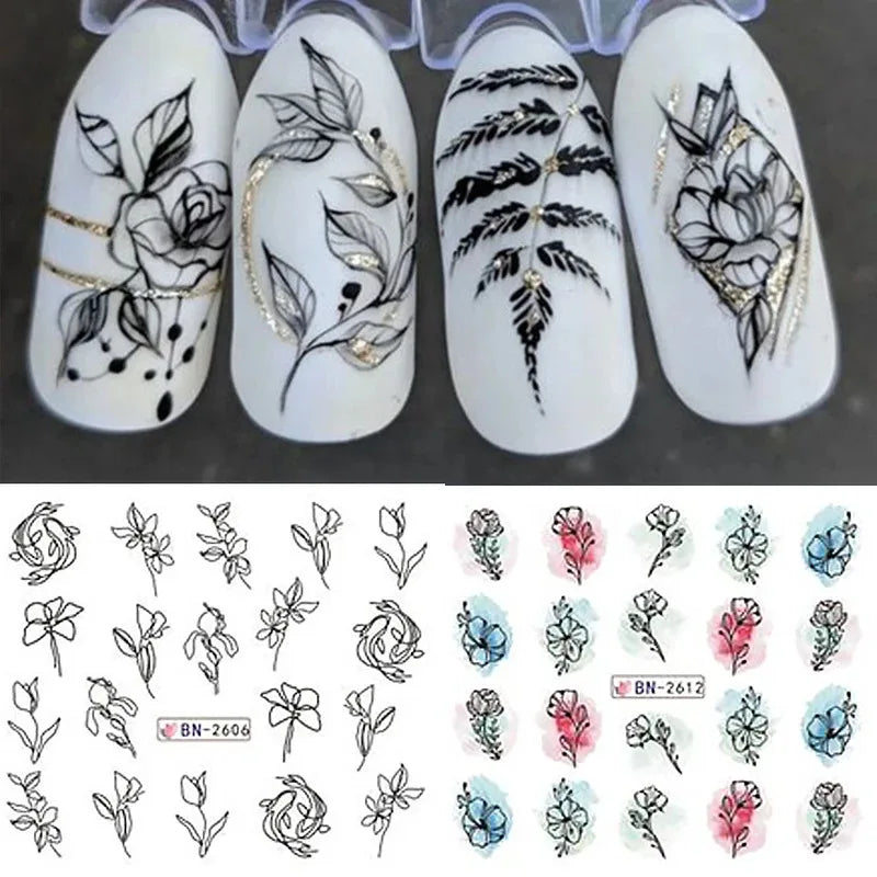 12 Pcs Summer Ink Blooming Flowers Nail Art Stickers, Water Decal Leaves /Graffiti Slider Nail Decoration