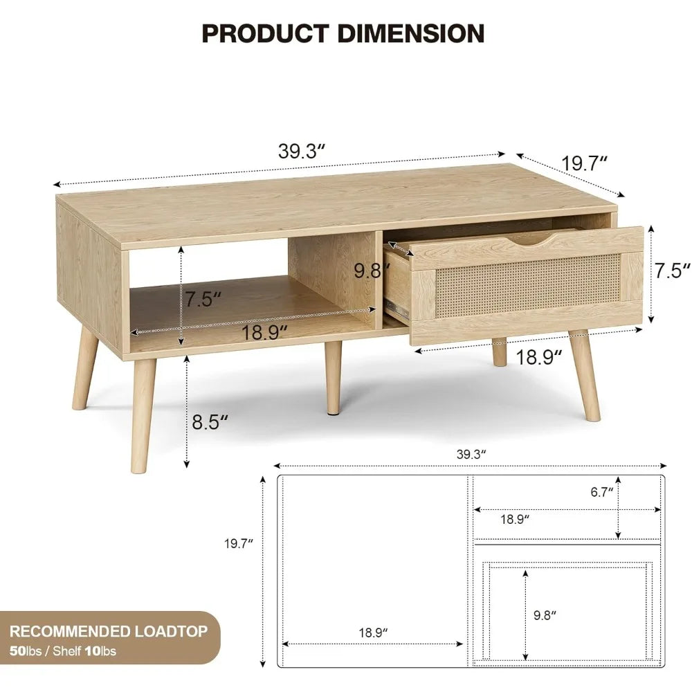 Storage Coffee Table, Bohemian Rattan Drawer , Compact Coffee Tables for Living Spaces, Oak Finish