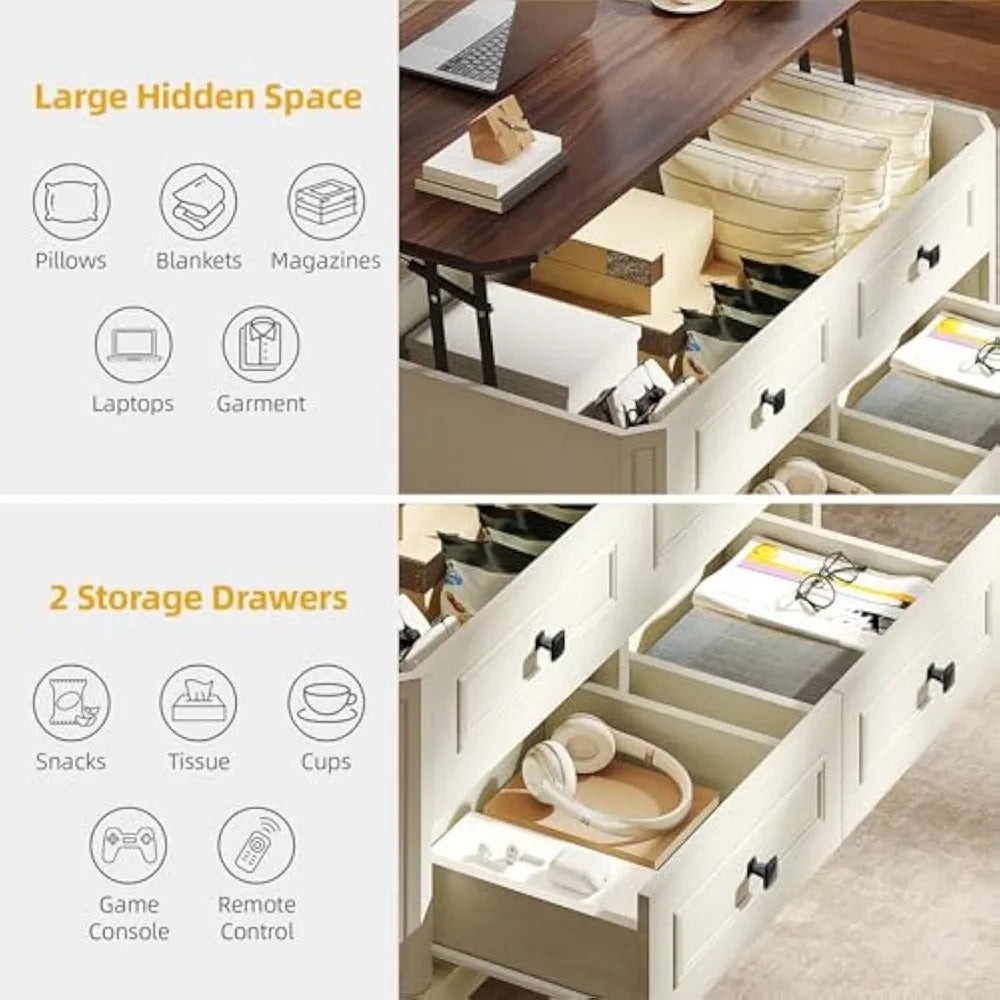 Lift Top Coffee Table with Storage, Farmhouse Wood Central Table w/Large Hidden Compartment, 2 Storage Drawers, Lift Tabletop