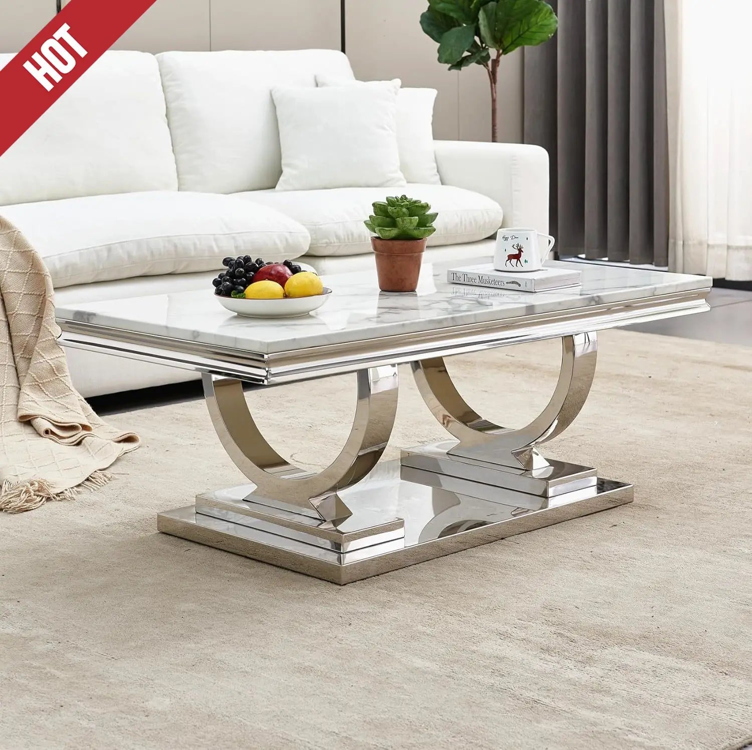 NEW 47" Coffee Table with White Marble Top, Modern Rectangular Faux Marble Coffee Table
