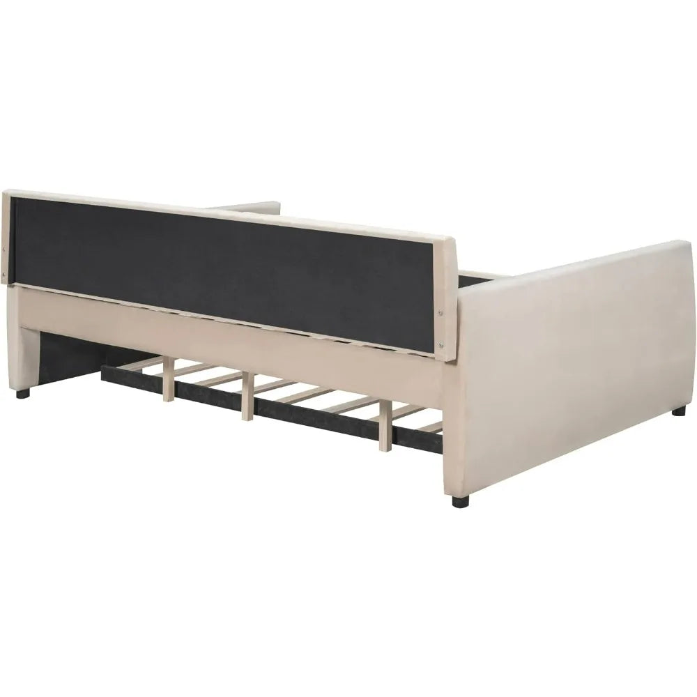 Beige Daybed Full Size with Trundle and Wood Slat Support, No Box Spring Needed