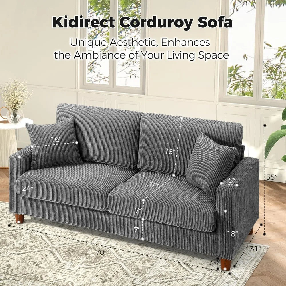 The New-70in Grey Sofa, Couches For Living Room 21" Extra Deep Seats, Comfy Corduroy Sofas For Living Room No Tool Assembly