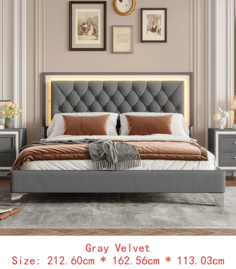 3-Piece Bedroom Set, Queen Size Upholstered Bed with LED Lighting & 2 Nightstands, Pink Upholstered Platform Bed