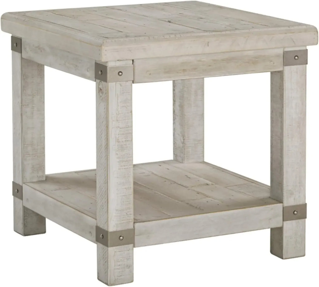 Rectangular End Table with Lower Shelf, 2 Electrical Outlets and 2 USB Ports, Whitewash