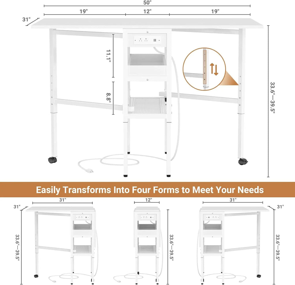 Sewing Cutting Table with Charging Station, Height Adjustable Craft Table with Storage, 50" Foldable Fabric Cutting Tables