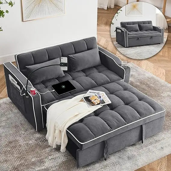Convertible Sofa Bed, Sleeper Sofa with Side Pocket, Adjustable Backrest, Living Room Sofa with Phone Holder, Pull Out Couch