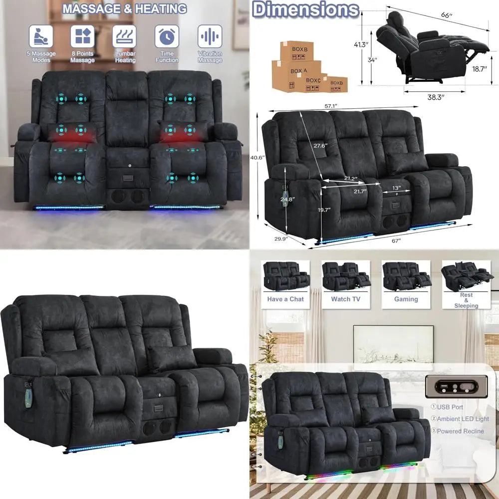 Massage and Heat Power Loveseat Recliner Sofa with Home Theater Seating and USB/Outlet Console for TV