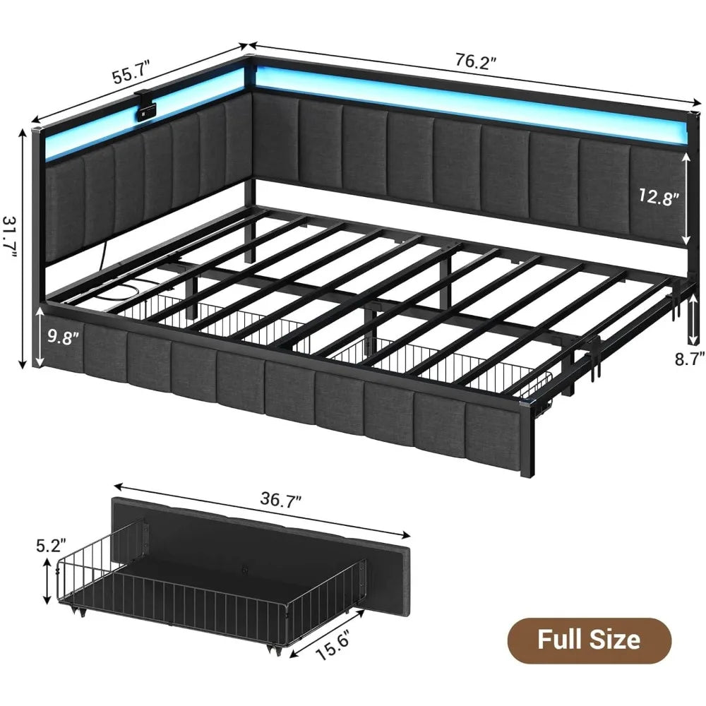 Corner Bed Frame with Storage Drawers, Full Daybed with Lined Fabric Upholstered Fence, Kids Bed Unit with LED Lights & Charger