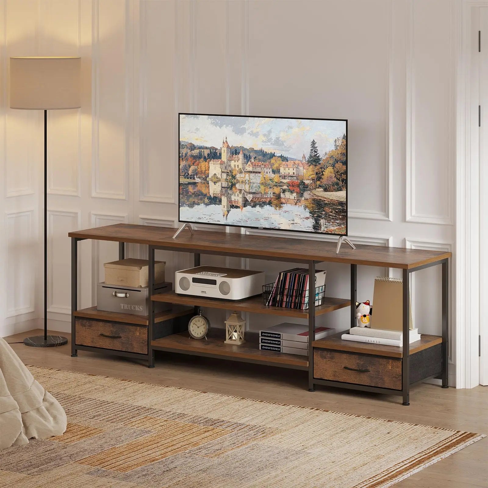 63 IN Wooden TV Stand For Up To 75 Inch TV/ Entertainment Center For Living Room/Media Console Adjustable Shelf 2 Storage