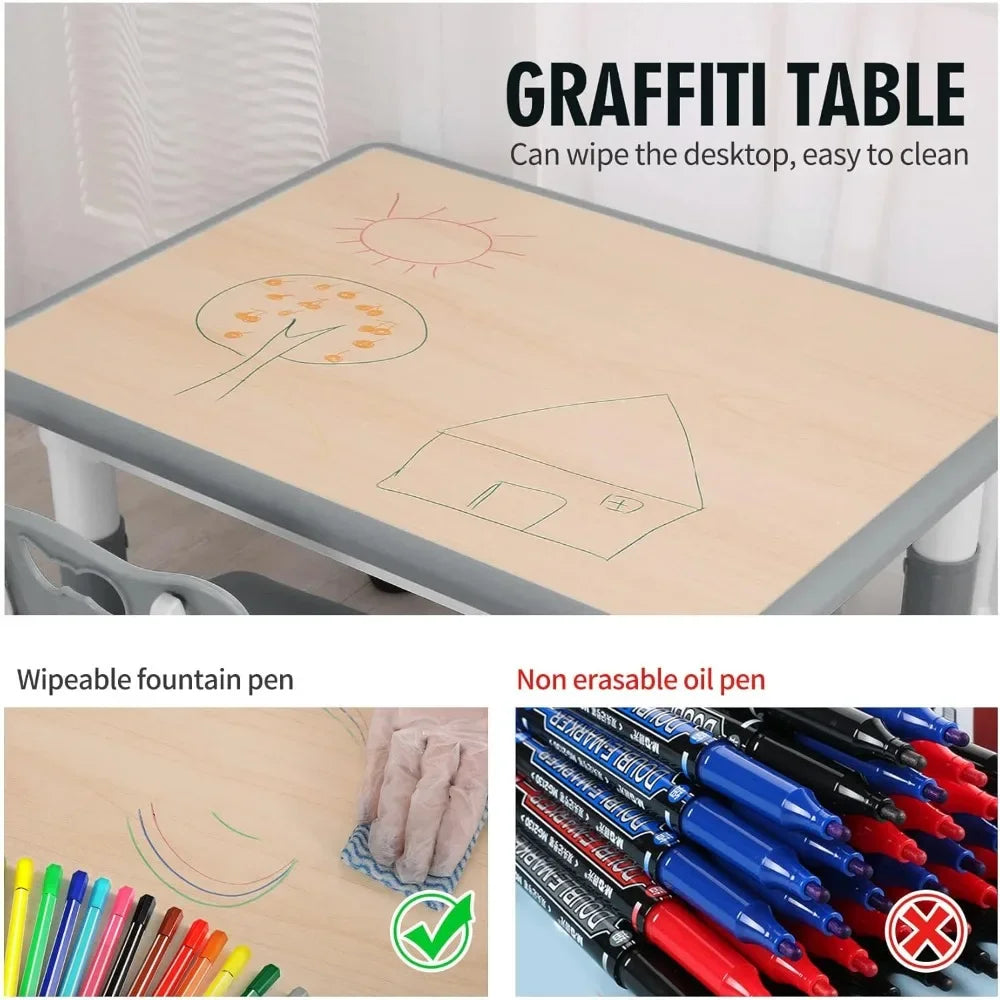Kids Table and Chairs Set, Height Adjustable Toddler Study Table and Chairs, Arts & Crafts Table, Suitable for Ages 2-10, Child