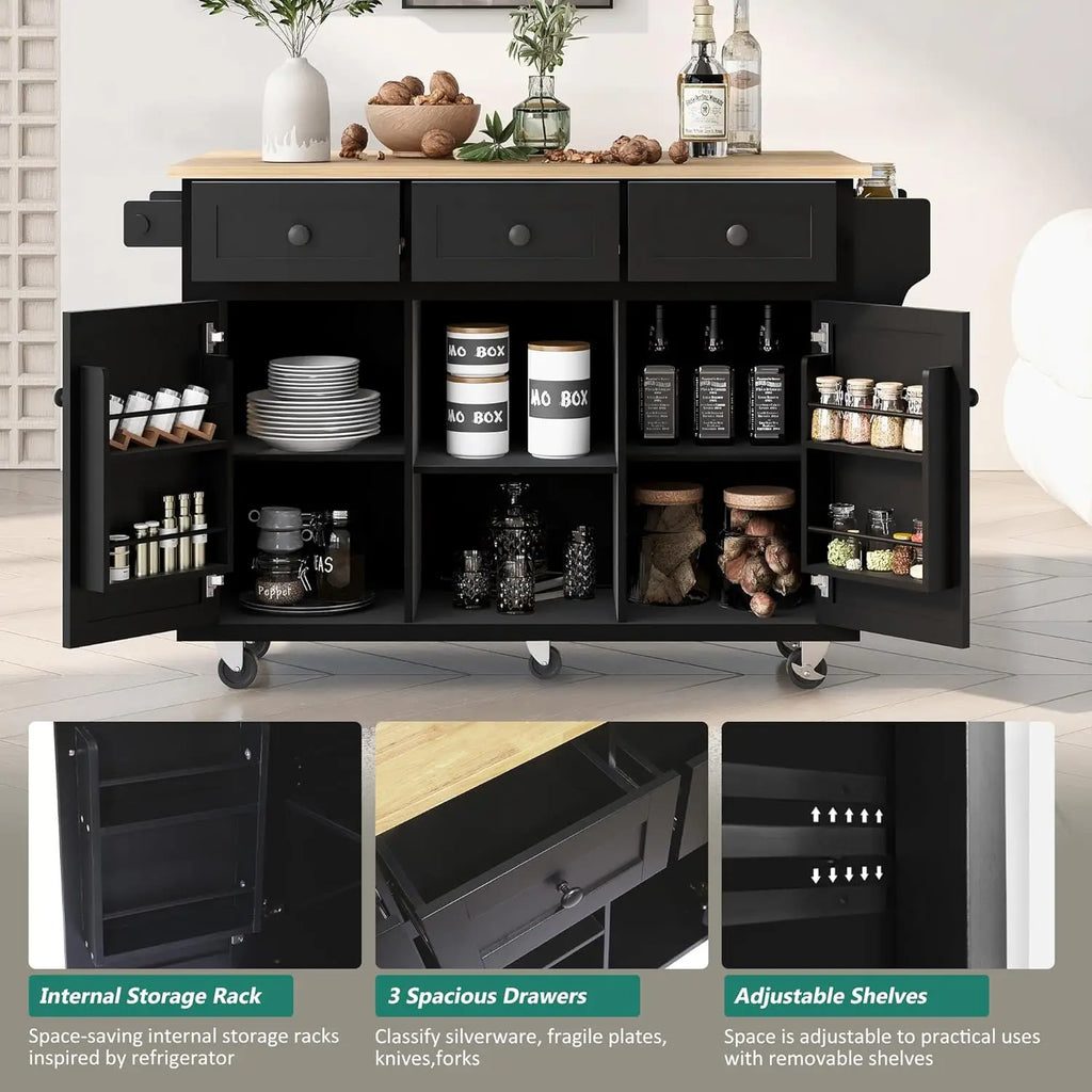 Rolling Kitchen Island with Drop Leaf, Kitchen Cart on Wheels with 3 Drawers and 2 Cabinets, Wood Portable Trolley, Customized