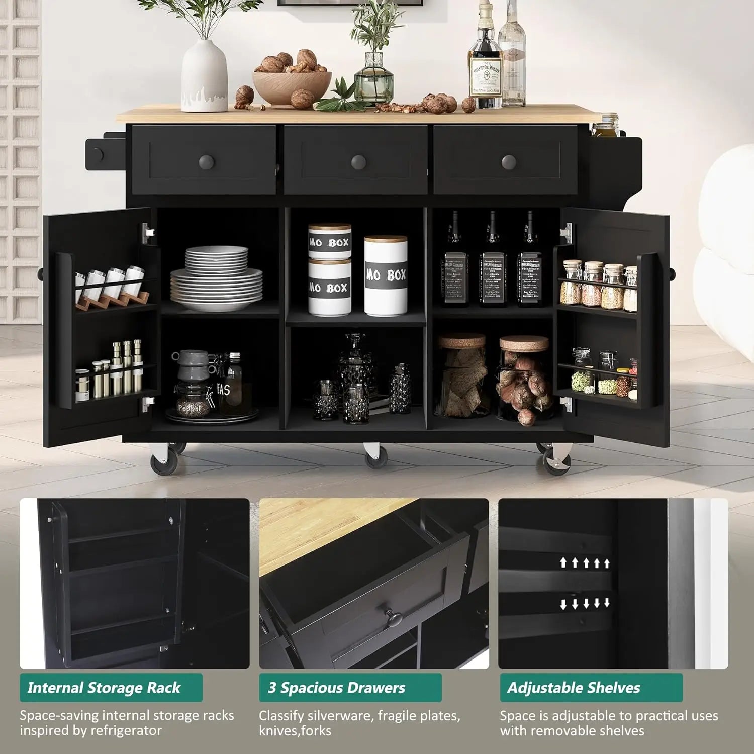 Rolling Kitchen Island with Drop Leaf, Kitchen Cart on Wheels with 3 Drawers and 2 Cabinets, Wood Portable Trolley, Customized