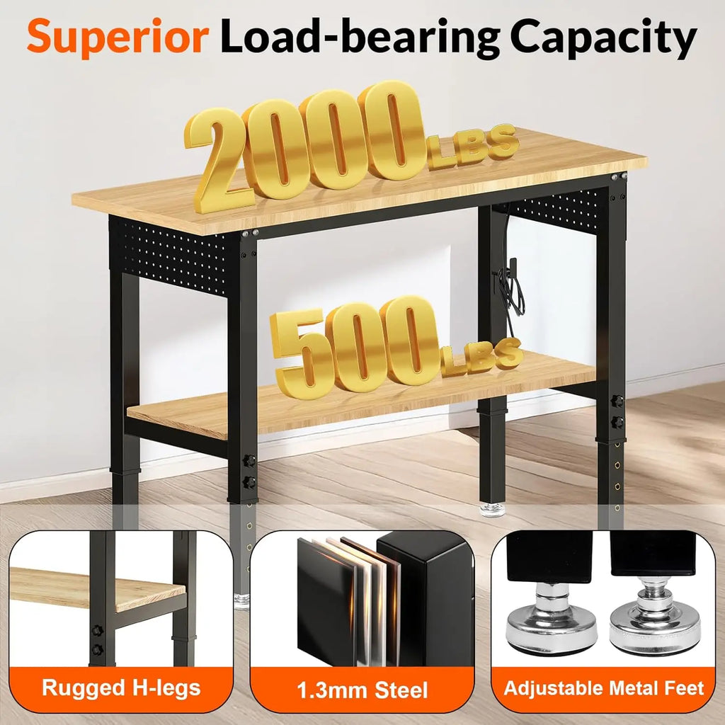 Customizable Adjustable Height Work Bench 48×24 Workbench for Garage with Under Table Shelf Heavy Duty
