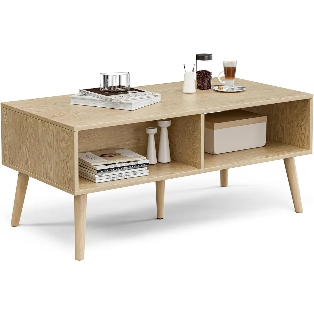 Storage Coffee Table, Bohemian Rattan Drawer , Compact Coffee Tables for Living Spaces, Oak Finish