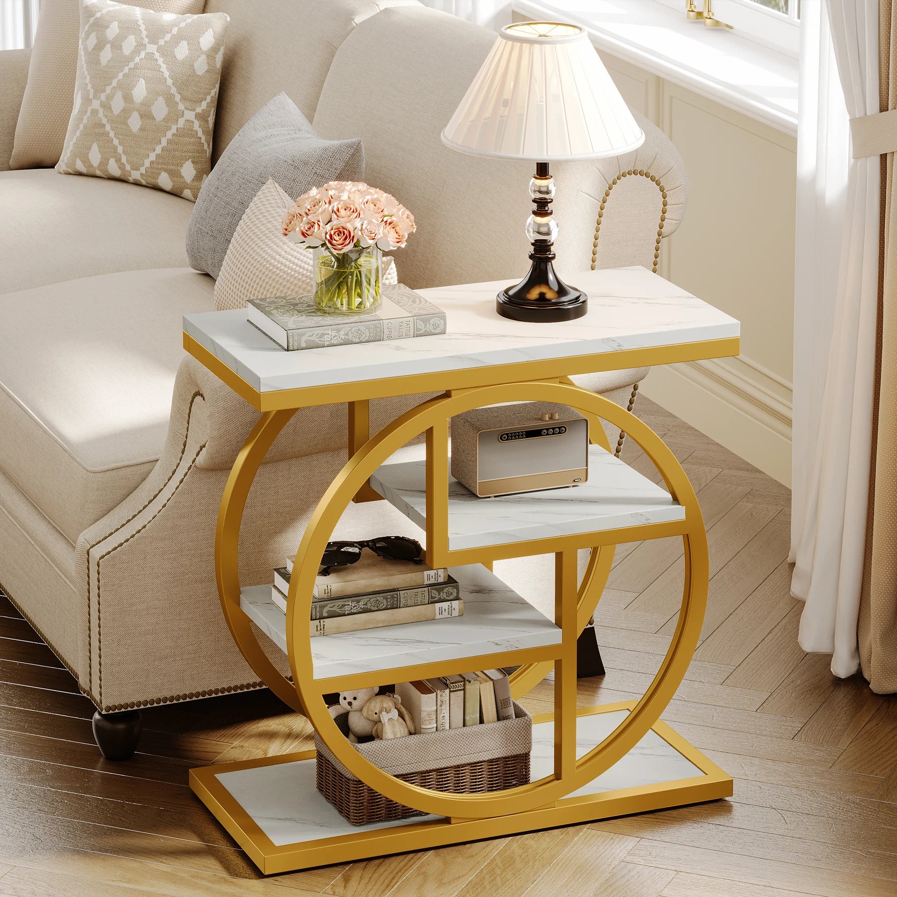 End Table for Living Room and Bedroom, 4-Tier Narrow Side Table with Storage Shelves