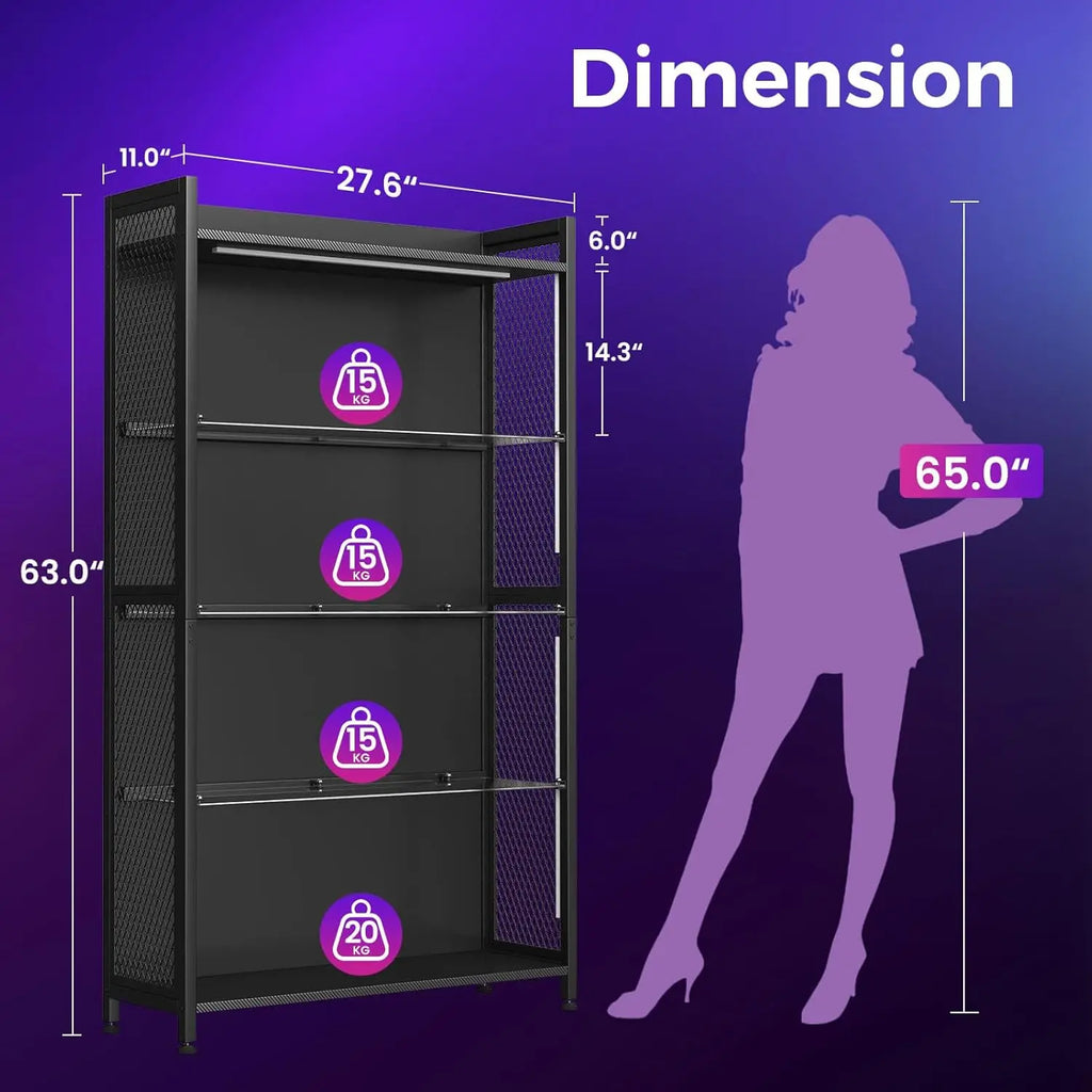 LED Display Cabinet with Glass Shelves, 5-Tier RGB Lighting Curio Case for Collectibles Storage