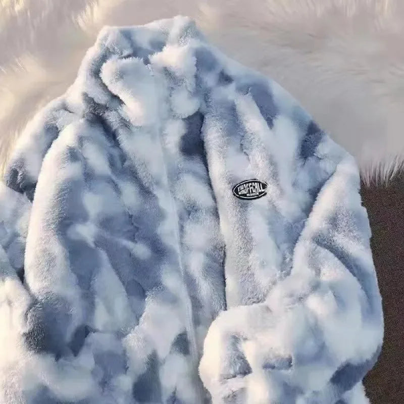 Women's Tie Dye Lamb Fleece Jacket/ Autumn Winter Zipper Outerwear/ Warm Plush Jackets /Harajuku Casual Loose Female Thick Coat