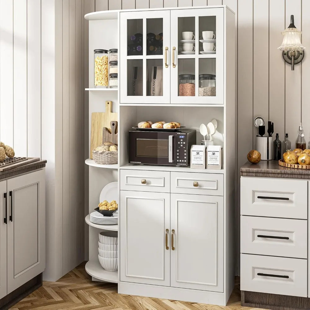 71" Tall Corner Pantry Storage Cabinet with Charging Station, 40" wide Kitchen Hutch Cabinet with 4 doors and 2 Drawers, Farmhouse