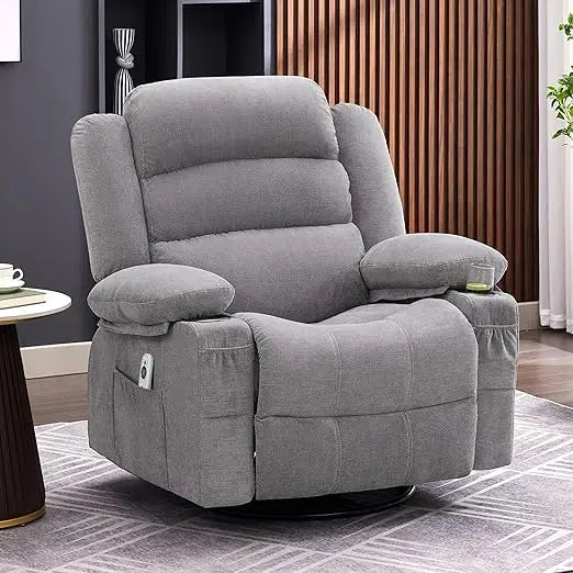 Rocker Recliner Chair with Heat and Massage, 360° Swivel Recliner Chairs for Adults, Oversized Recliner Single Sofa Seat with Cushion