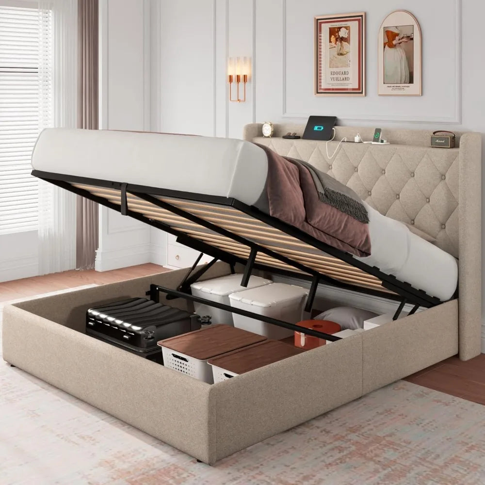Queen Size Lift Up Storage Bed Frame with Charging Station, Upholstered Platform Bed Frame with Tufted Headboard, Hydraulic
