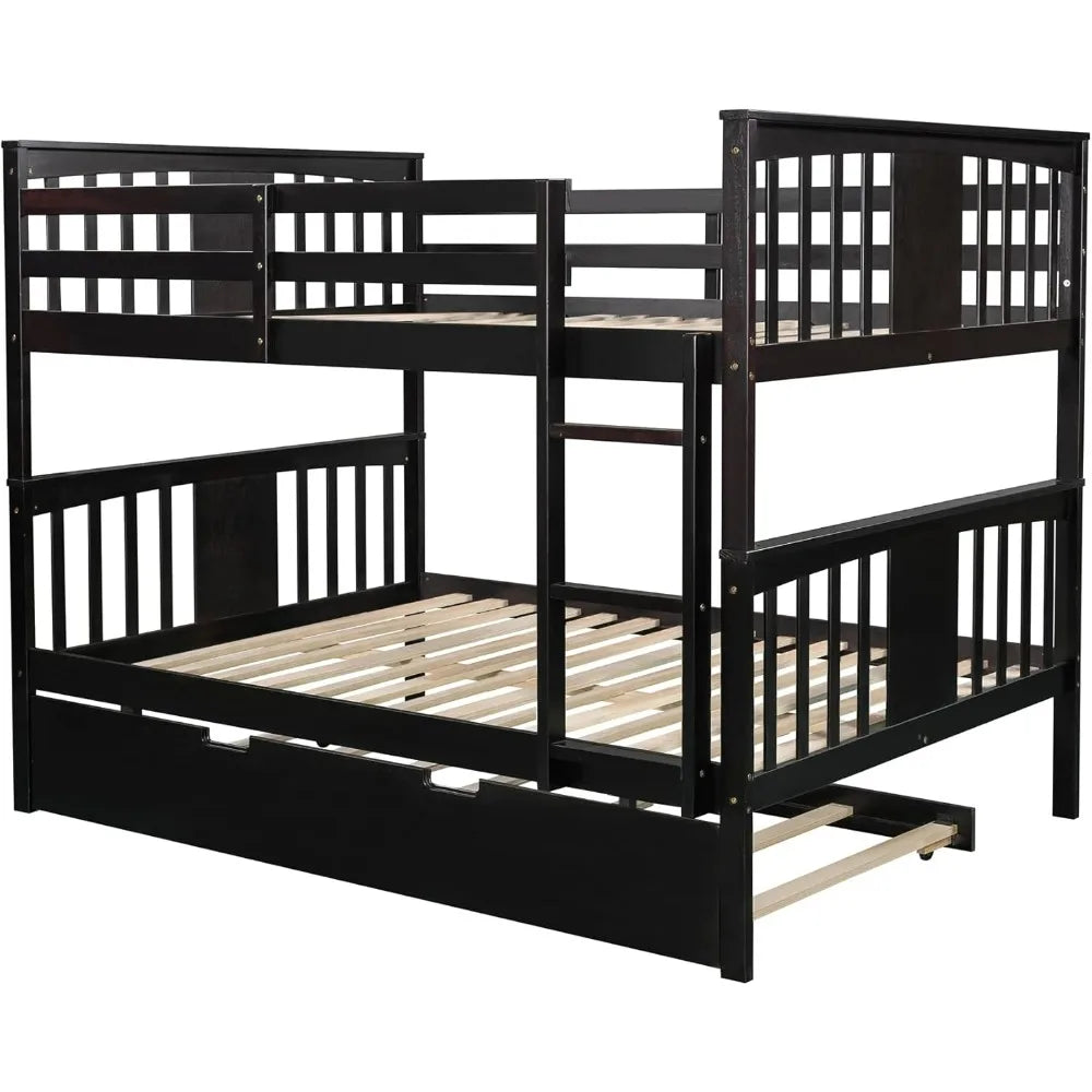 Twin Over Twin Bunk Bed with Trundle, Transformable into Individual Beds, Crafted from Solid Pine Wood with Safety Railing