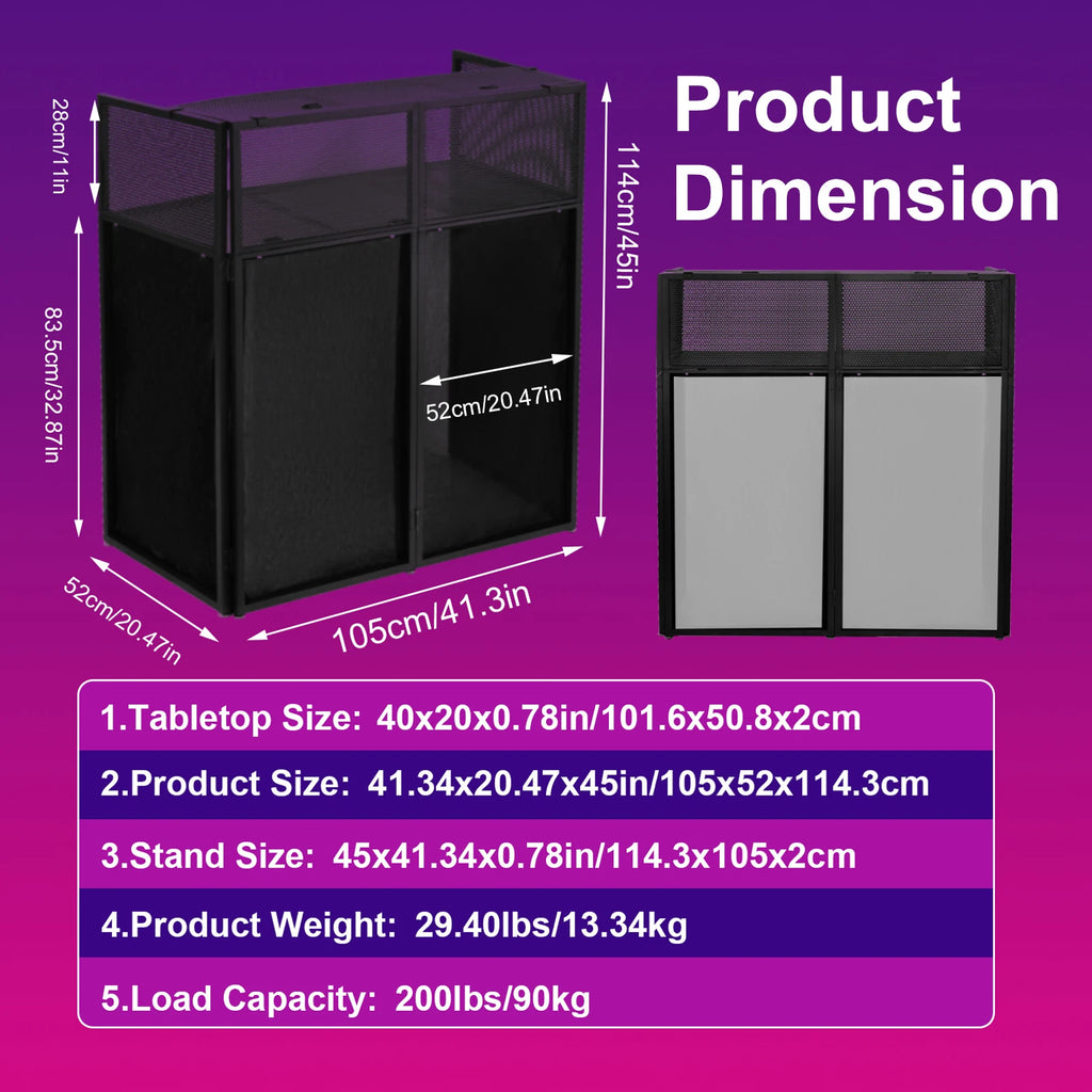 Portable DJ Booth Stand with Metal Frame, Height Adjustable Foldable DJ Table Rack with Black and White Scrims, Carrying Bag