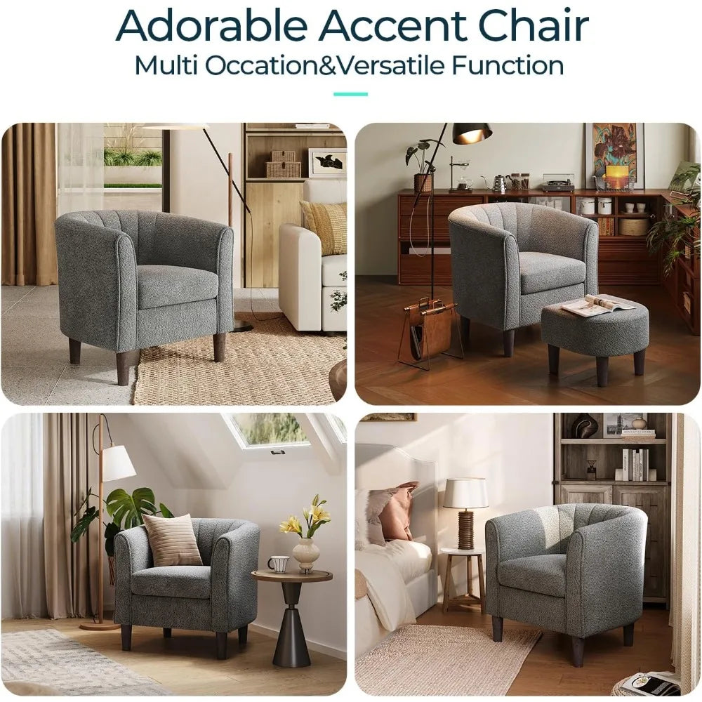 Accent Chair Ottoman Set: Chenille Barrel Chair with Foot Rest, Mid-Century Modern Small Reading Chair/ Upholstered Armchair
