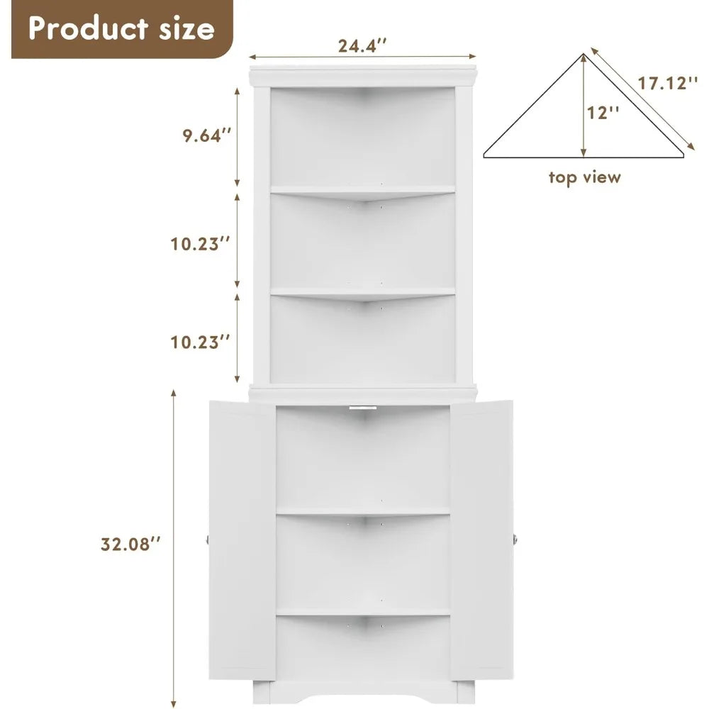 Corner Cabinet, Freestanding Corner Shelf with 2 Doors and 3 Shelves, Bathroom Corner Storage for Bathroom, Living, Bedroom