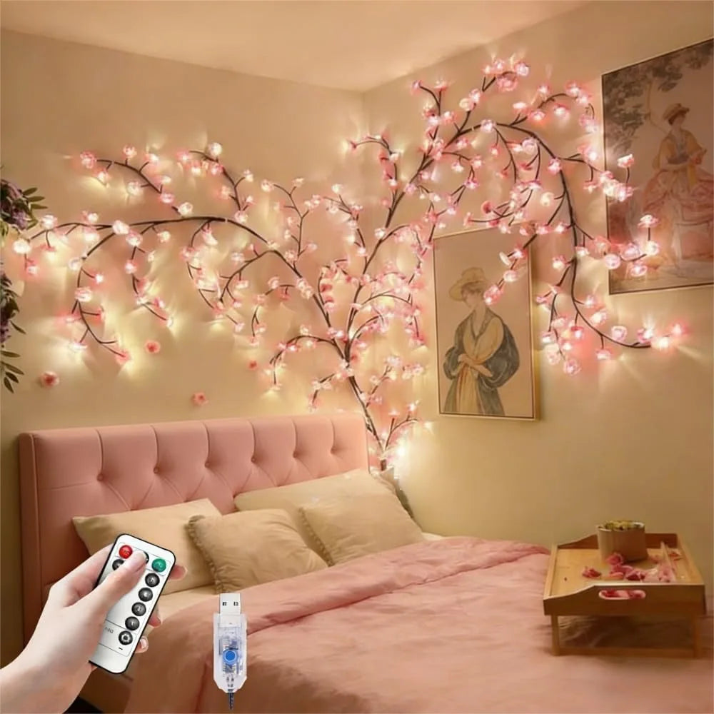 Cherry Blossom Lights for Bedroom Wall Decor, 4 FT 48 LED Dimmable Pink Decor with Remote Timer, 8 Modes, Romantic Gift for Her