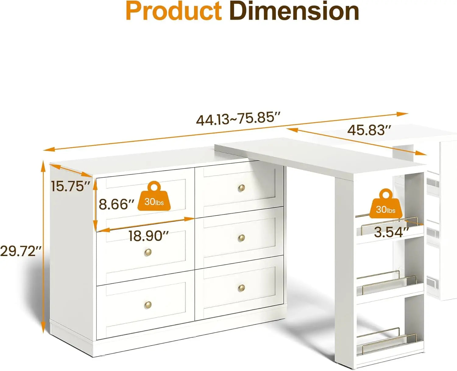Vanity Desk and Dresser Combo, 76" L Extendable Big Makeup Vainty with 6 Drawer Dresser and 3 Side Shelves, White