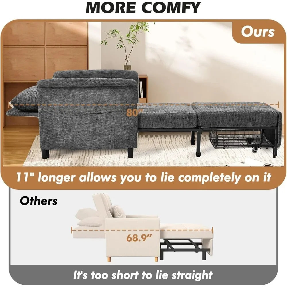Adjustable Backrest Convertible Sleeper Chair Long Chair Bed 4-in-1 Pull out Lounge Chair 500 LBS Load Bearing Single Sofa