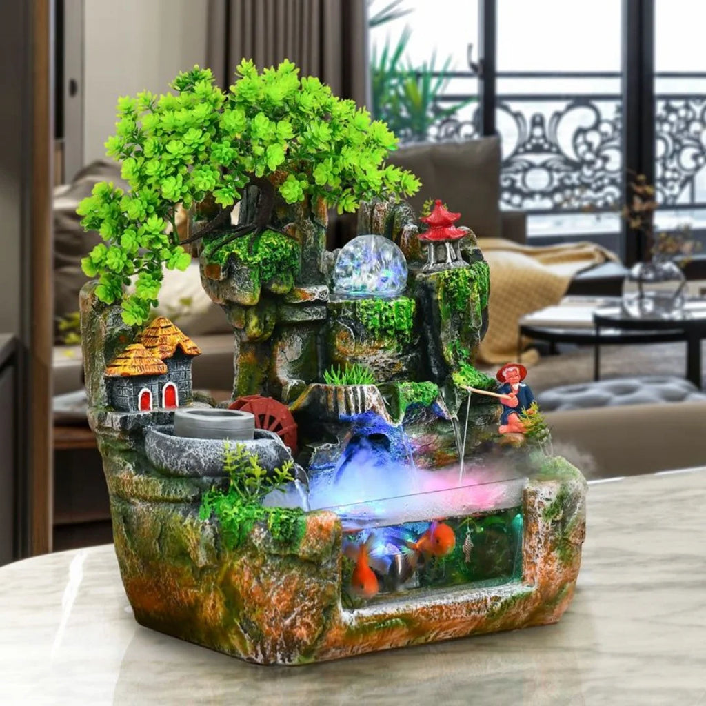 Lucky Feng Shui Money Tree Water Fountain, Circulating Fish Tank Waterfall with Resin Rockery, for Wealth Success & Home Decor Gift