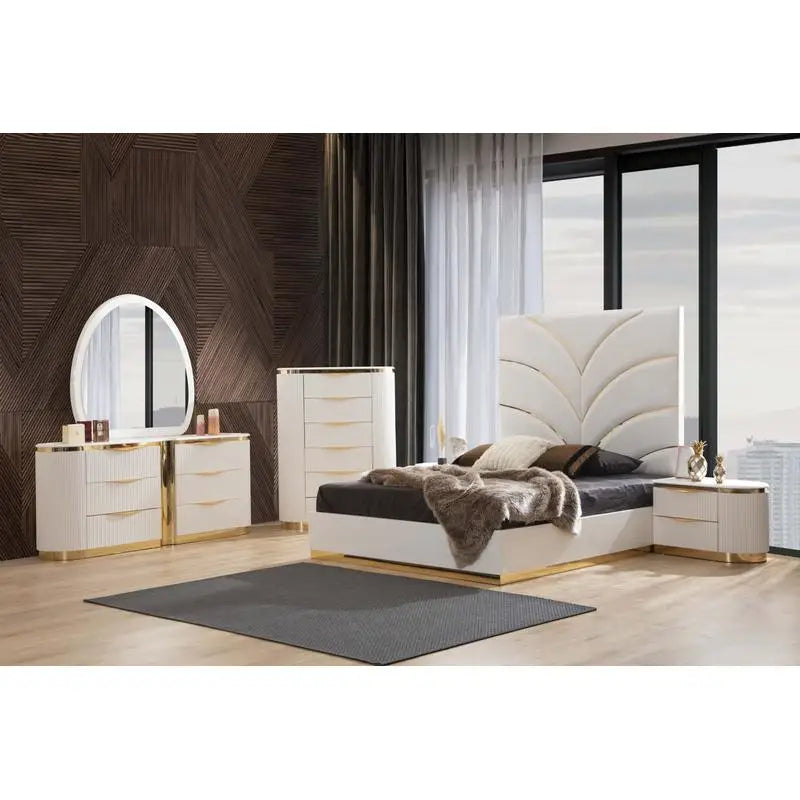 King Upholstered Bed Set, 6 Pieces with Gold Detailing, White Wood Finish