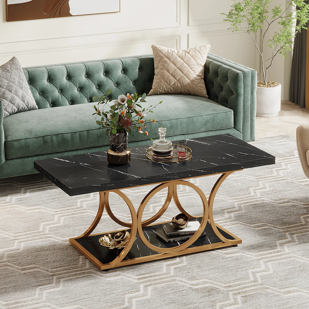 Rectangle Coffee Table, 2-Tier Faux Marble Wood