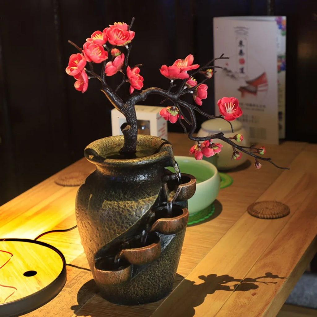 Tabletop Fountain, Vase Shape, Flowing Water, Simulated Flowers, Resin, Low Noise Pump, for Home Decoration, Office Desk, Living Room, Bedroom, Art Decor, Relaxing