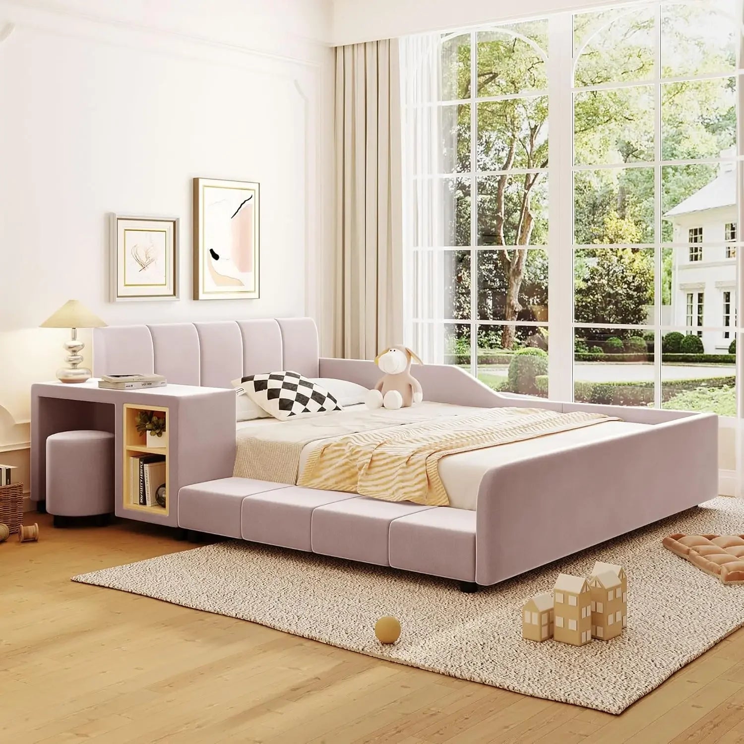 Velvet Upholstered Grounded Platform Bed, Wooden Full Size Mother & Child Bed Frame with Bedside Desk and Little Round Stool