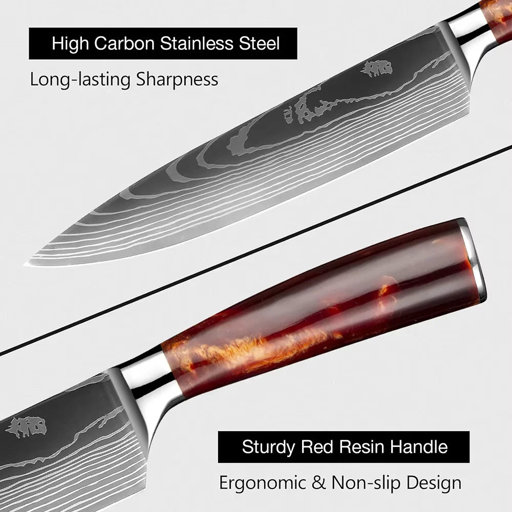 Kitchen Knife Set 15-Piece With Wooden Block, Laser Damascus Pattern Steel Professional Chef's Knife, With Scissor Sharpening Rod