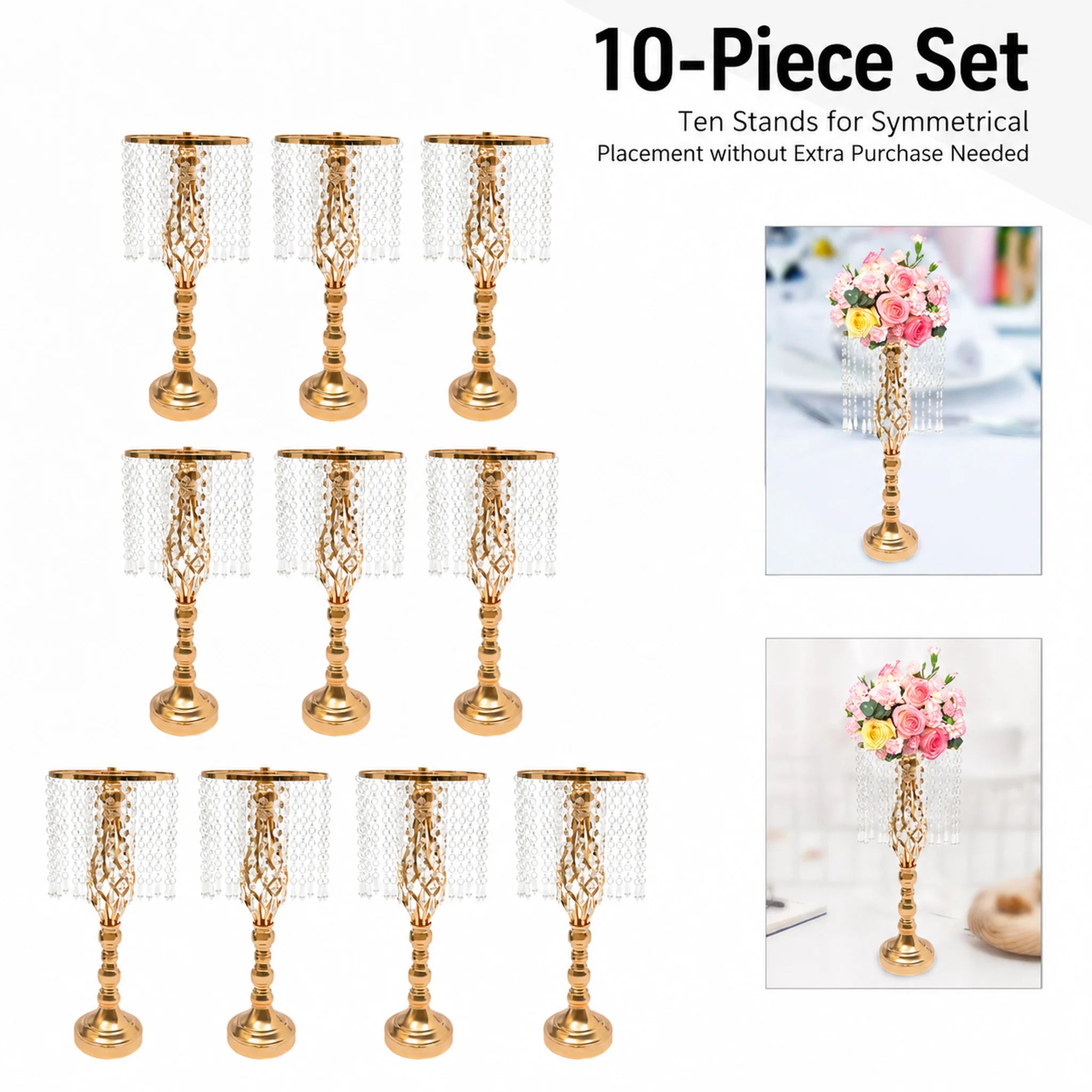 10Pcs Gold Electroplated Iron Crystal Flower Stand 19.3in Height 5.5in Wide Hanging Acrylic Crystal Chain