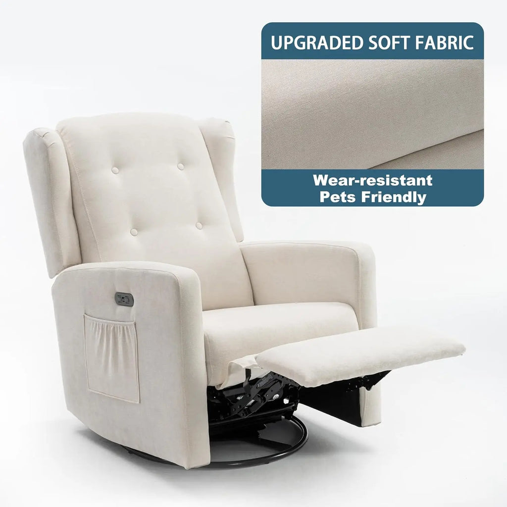Power Swivel Rocking Recliner Chair, Electric Rocker Nursery Glider Chair, Upholstered Fabric/ Reclining Single Sofa Chair