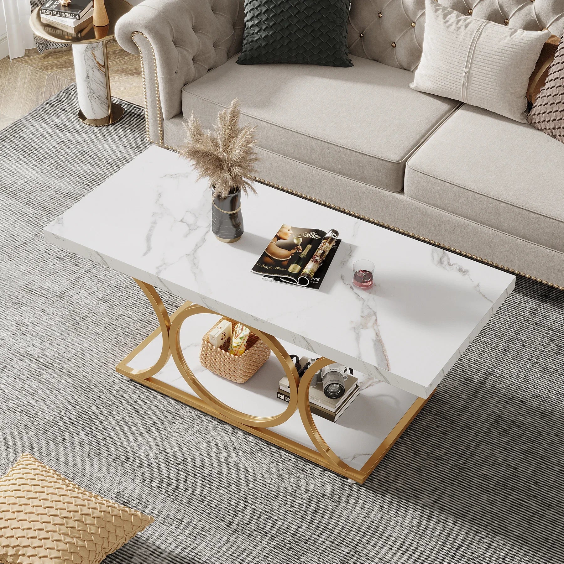 Rectangle Coffee Table, 2-Tier Faux Marble Wood