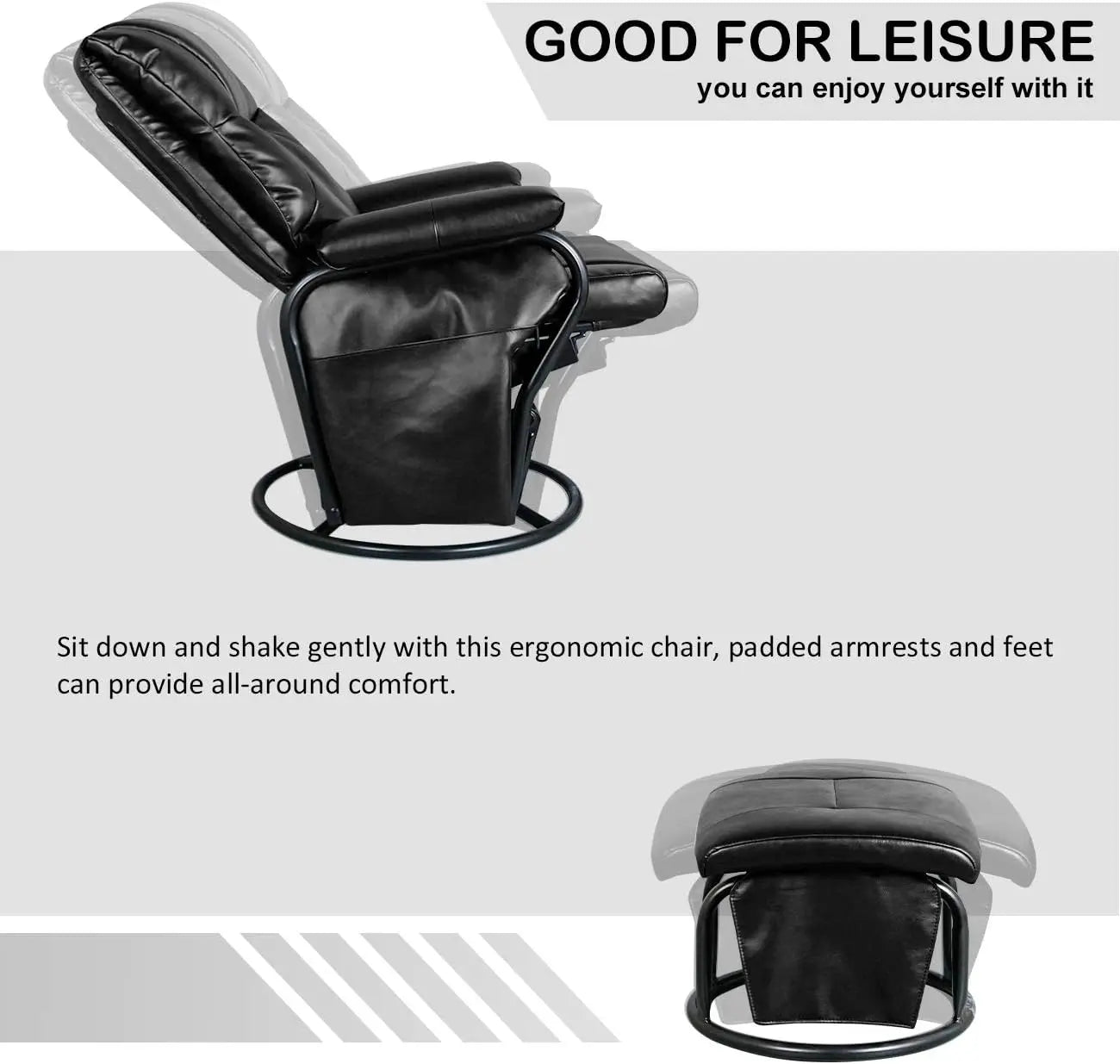 Glider Chairs Rocking Chair with Ottoman 360° Swivel Chair PU Leather Upholstered Armchair Lounge Chair Sliding Chairs Set/Black