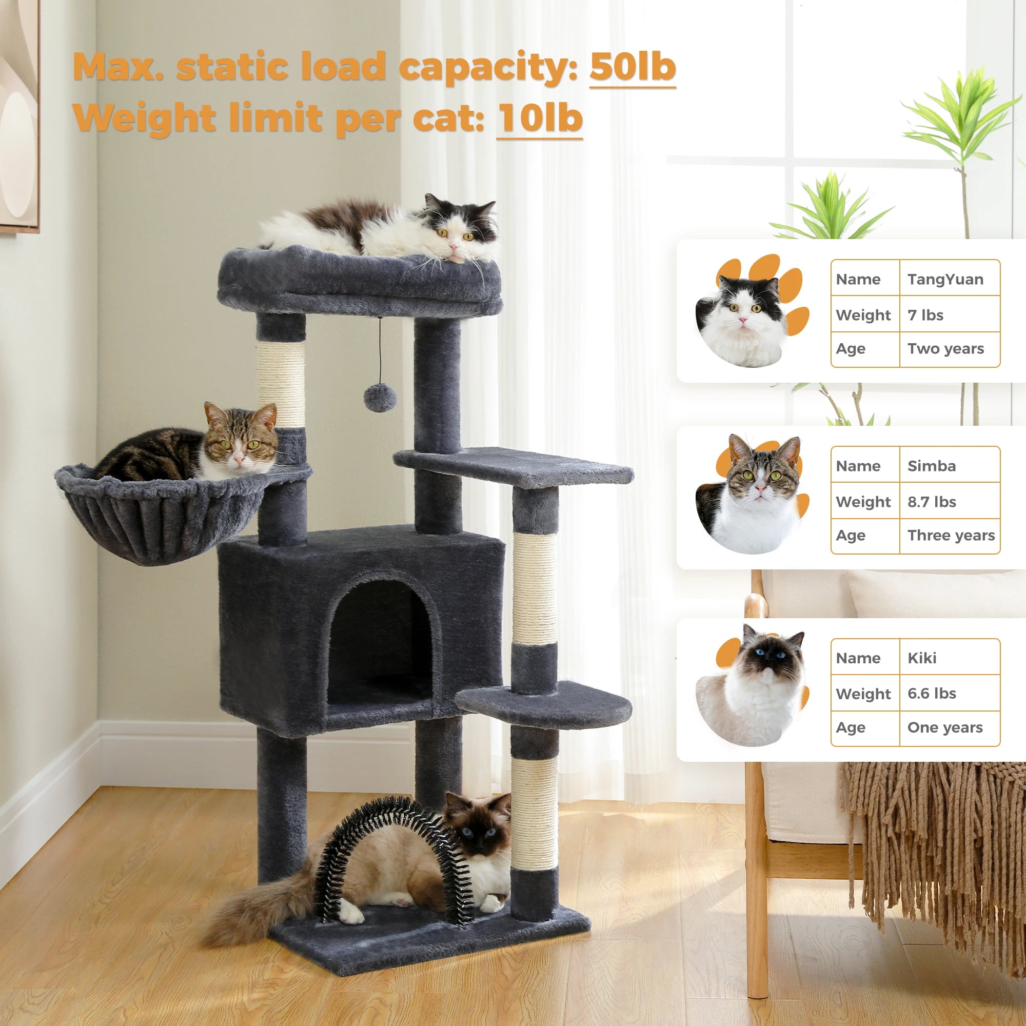 Cat Tree with Toy Cat Tower Condo for Indoor Cats/ Cat House with Padded Plush Perch Cozy Hammock and Sisal Scratching Posts