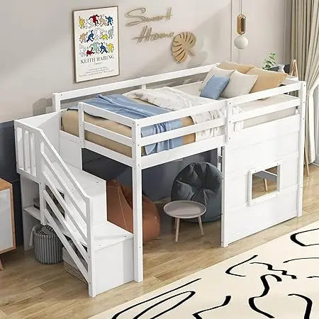 Twin-Size Loft Bed with Storage, Steps, and Spacious Underbed Area for Teens and Children, Solid Wood Construction, Full-Size