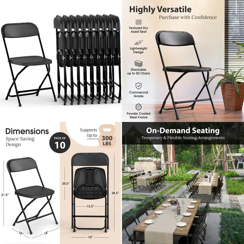 10-Pack Black Plastic Folding Chairs with Stackable Design/ High-Capacity 350 Pounds/ Steel Frame for Indoor and Outdoor Use