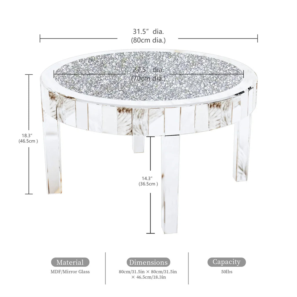 Luxury Round Mirrored Coffee Table Silver Coffee Table Accent Side Table  for Living Room,Bedroom