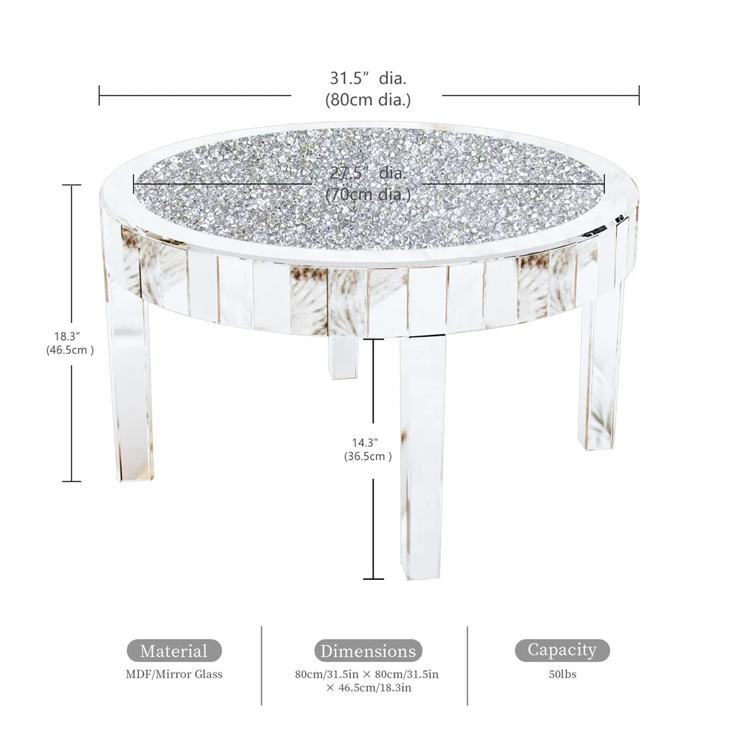 Luxury Round Mirrored Coffee Table Silver Coffee Table Accent Side Table  for Living Room,Bedroom