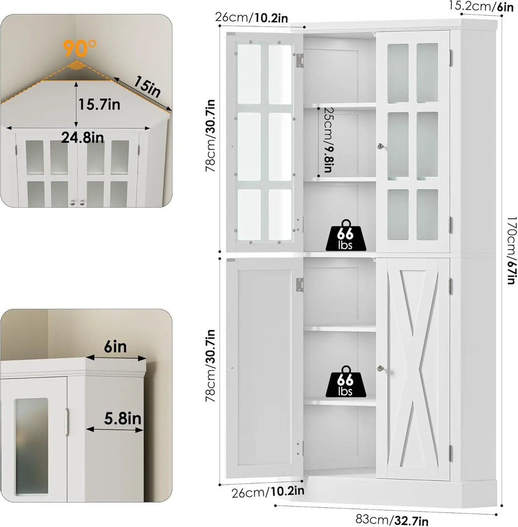 67" Corner Cabinet, Corner Kitchen Pantry with Doors, Farmhouse Kitchen Cabinet with 6 Storage Shelves, Space Saver
